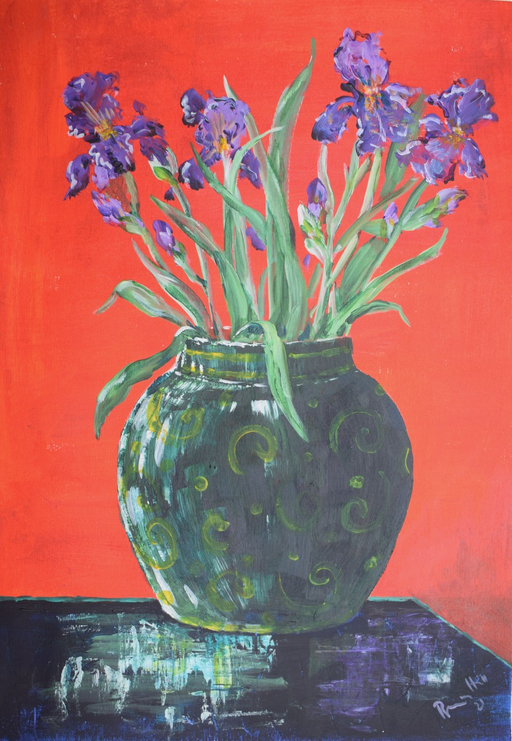 Irises in a green vase