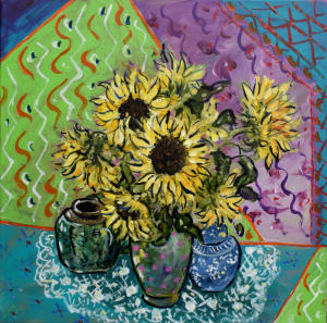 Sunflowers in a lustre vase